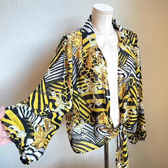 love J Tops - Love J yellow Black Baroque print chiffon sheer long sleeve blouse women plus 2X